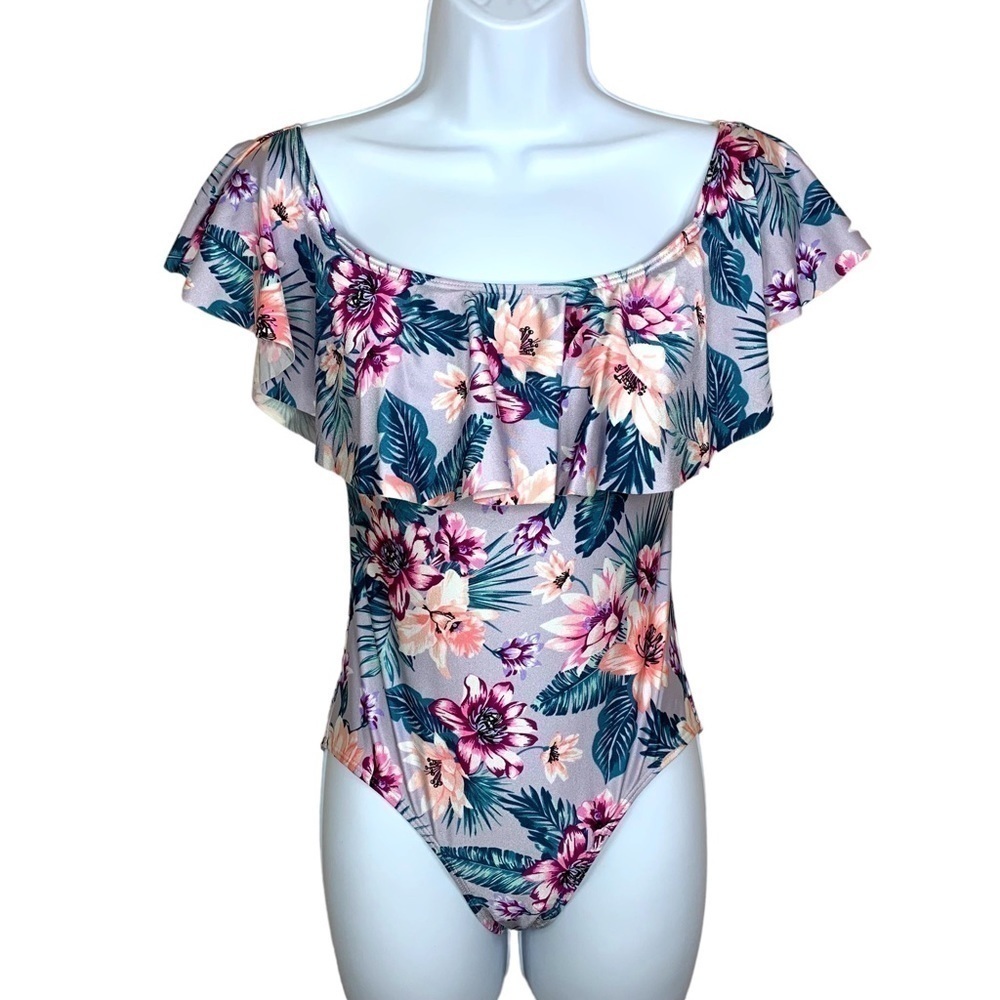 NWT New Look Floral Ruffle Swimsuit One Piece Purple Pink Off Shoulder Beach
